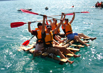 Raft building on a mountain lake