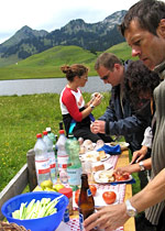 Raft building on a mountain lake