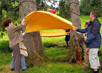 Raft building on a mountain lake