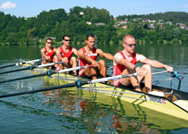 Team fun rowing in a scull